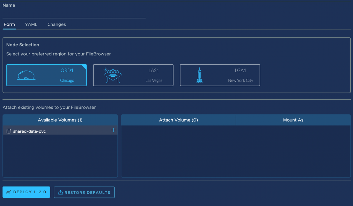 The FileBrowser configuration screen, including a list of "Available Volumes"